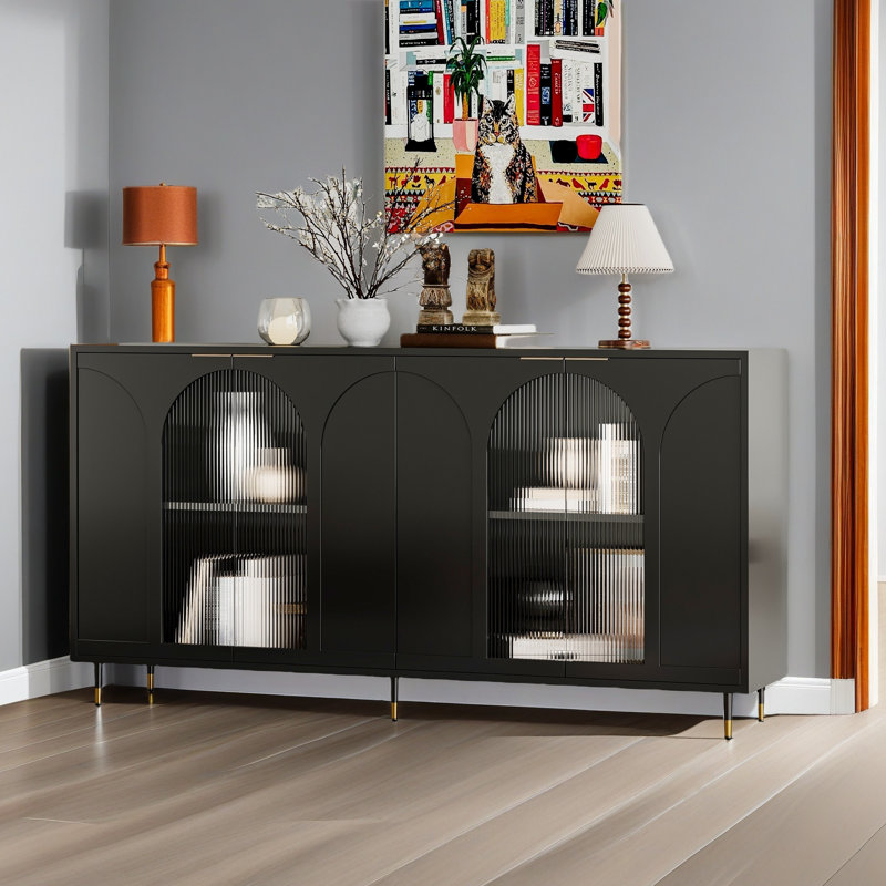 Accent Cabinet Black Lacquered Wooden Cabinet with 4 Glass Doors Sideboard Buffet Server Cabinet Storage Cabinet for Living Room Entryway Hallway